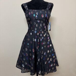 City Studio Dress Womens 1/2 Black Metallic Polka Dot Fit Flare Skater Party Bow